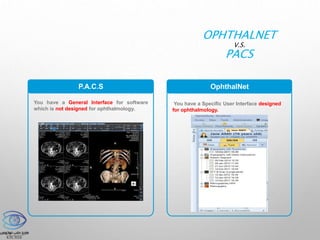 P.A.C.S OphthalNet
You have a General Interface for software
which is not designed for ophthalmology.
You have a Specific User Interface designed
for ophthalmology.
OPHTHALNET
V.S.
PACS
 