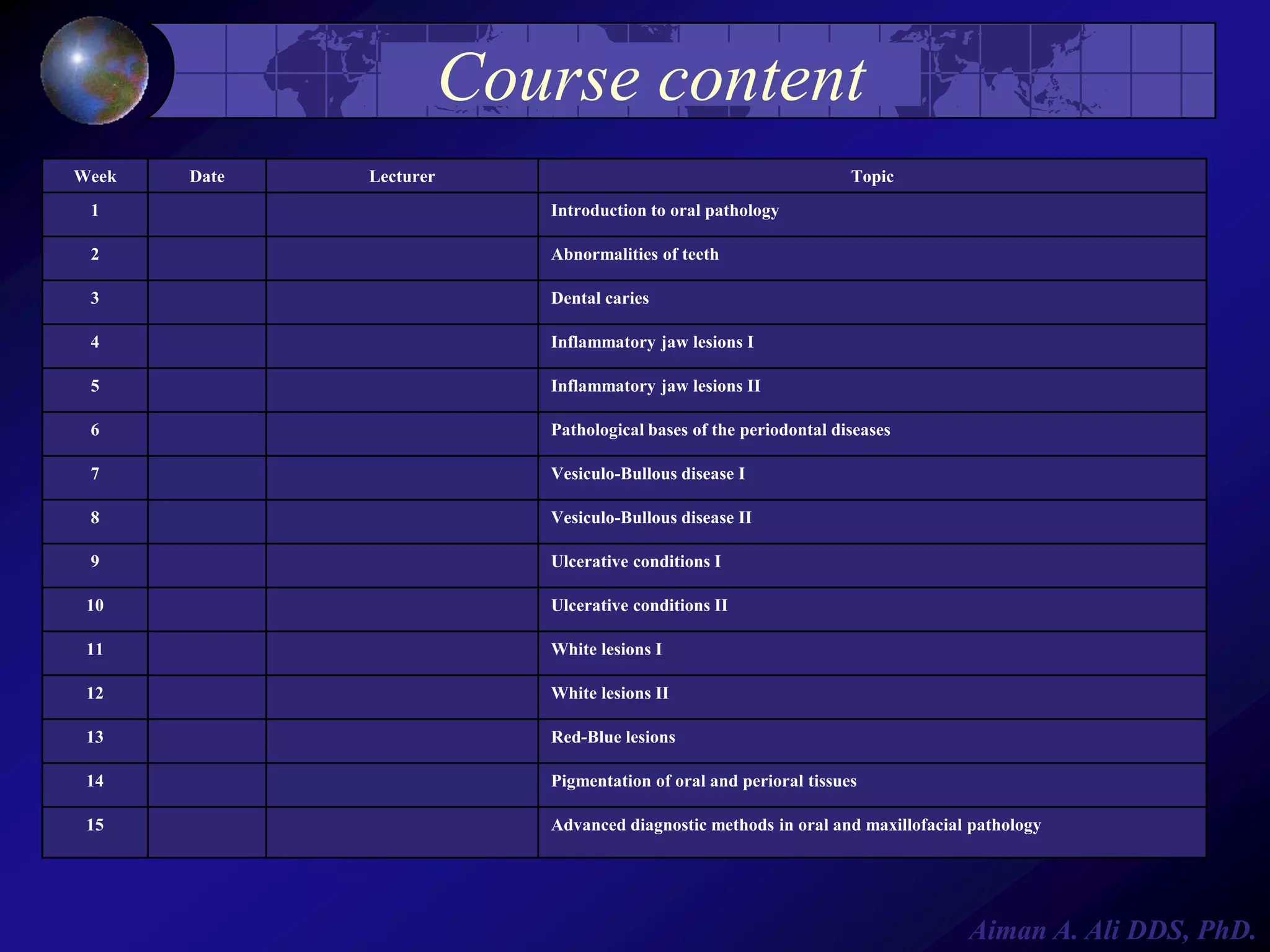 Course content
Week

Date

Lecturer

Topic

1

Introduction to oral pathology

2

Abnormalities of teeth

3

Dental caries

4

Inflammatory jaw lesions I

5

Inflammatory jaw lesions II

6

Pathological bases of the periodontal diseases

7

Vesiculo-Bullous disease I

8

Vesiculo-Bullous disease II

9

Ulcerative conditions I

10

Ulcerative conditions II

11

White lesions I

12

White lesions II

13

Red-Blue lesions

14

Pigmentation of oral and perioral tissues

15

Advanced diagnostic methods in oral and maxillofacial pathology

Aiman A. Ali DDS, PhD.

 