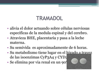 TRAMADOL
• alivia el dolor actuando sobre células nerviosas
especificas de la medula espinal y del cerebro.
• Atravieza BHE, placentaria y pasa a la leche
materna.
• Su semivida es aproximadamente de 6 horas.
• Su metabolismo tiene lugar en el hígado a travez
de las isoenzimas CyP3A4 y CYD2D6.
• Se elimina por via renal en un 90%.
 