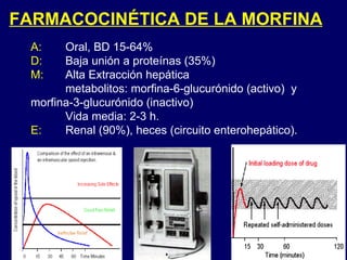 FARMACOCINÉTICA DE LA MORFINA A:  Oral, BD 15-64% D:  Baja unión a proteínas (35%) M:  Alta Extracción hepática  metabolitos: morfina-6-glucurónido (activo)  y  morfina-3-glucurónido (inactivo)  Vida media: 2-3 h. E:  Renal (90%), heces (circuito enterohepático). 