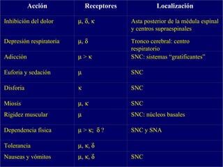   Acción Receptores Localización Inhibición del dolor  ,   ,   Asta posterior de la médula espinal y centros supraespinales Depresión respiratoria  ,   Tronco cerebral: centro respiratorio Adicción    >   SNC: sistemas “gratificantes” Euforia y sedación  SNC Disforia  SNC Miosis  ,   SNC Rigidez muscular  SNC: núcleos basales Dependencia física    >   ;    ? SNC y SNA Tolerancia  ,   ,     Nauseas y vómitos  ,   ,   SNC 