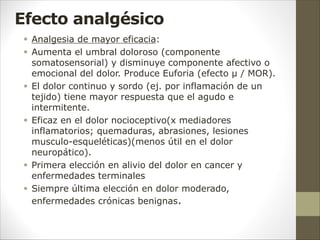 Efecto analgésico
§ Analgesia de mayor eficacia:
§ Aumenta el umbral doloroso (componente
somatosensorial) y disminuye componente afectivo o
emocional del dolor. Produce Euforia (efecto µ / MOR).
§ El dolor continuo y sordo (ej. por inflamación de un
tejido) tiene mayor respuesta que el agudo e
intermitente.
§ Eficaz en el dolor nocioceptivo(x mediadores
inflamatorios; quemaduras, abrasiones, lesiones
musculo-esqueléticas)(menos útil en el dolor
neuropático).
§ Primera elección en alivio del dolor en cancer y
enfermedades terminales
§ Siempre última elección en dolor moderado,
enfermedades crónicas benignas.
 