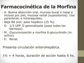 Farmacocinética de la Morfina
• A: Buena absorción oral, mucosa bucal o nasal e
incluso por piel, mucosa rectal (supositorios). Uso
parenteral, e intraraquídeo.
• Baja Bd oral: paso hepático (25 %).
• D: 1/3 UPP. D generalizada (pasa todas las
barreras).
• M: Glucuronización a morfina 6-glucurónido (m.
activo).
• E: Renal.
Presenta circulación enterohepática.
t½ = 4 horas, duración de acción hasta 6 hs.
 