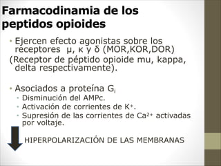 Farmacodinamia de los
peptidos opioides
• Ejercen efecto agonistas sobre los
receptores µ, κ y δ (MOR,KOR,DOR)
(Receptor de péptido opioide mu, kappa,
delta respectivamente).
• Asociados a proteína Gi
• Disminución del AMPc.
• Activación de corrientes de K+.
• Supresión de las corrientes de Ca2+ activadas
por voltaje.
HIPERPOLARIZACIÓN DE LAS MEMBRANAS
 