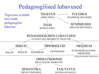 Pedagoogilised lubavused TEGEVUS (MIKS TEHA?) TEOD KUIDAS TEHA? TULEMUS (TEADMUSE ERI LIIGID) SÜNDMUSED (MILLENI JÕUTAKSE?) PEDAGOOGILISED LUBAVUSED AVALDUVAD LÄBI ISIKUTE TEGEVUSE ISIKUD ROLLID REEGLID EESMÄRGID ÕPIOBJEKTID MEEDIUM FUNKTSIONAALSUSED, OMADUSED TÄHENDUSED OPERATSIOONID MILLE KAUDU SOORITATI? SEMANTIKA MIS ON TÄHENDUS? TAJUTAVUS KUIDAS, KUI KAUA? OPERATSIOONIDE PIIRANGUD Tegevuses avaldub terve hulk pedagoogilisi lubavusi 