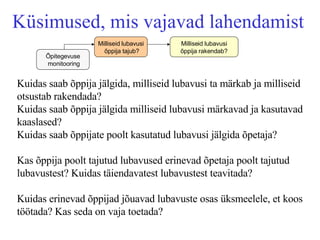 Küsimused, mis vajavad lahendamist Õpitegevuse  monitooring Milliseid lubavusi  õppija tajub? Milliseid lubavusi õppija rakendab? Kuidas saab õppija jälgida, milliseid lubavusi ta märkab ja milliseid otsustab rakendada? Kuidas saab õppija jälgida milliseid lubavusi märkavad ja kasutavad kaaslased? Kuidas saab õppijate poolt kasutatud lubavusi jälgida õpetaja? Kas õppija poolt tajutud lubavused erinevad õpetaja poolt tajutud lubavustest? Kuidas täiendavatest lubavustest teavitada? Kuidas erinevad õppijad jõuavad lubavuste osas üksmeelele, et koos töötada? Kas seda on vaja toetada? 