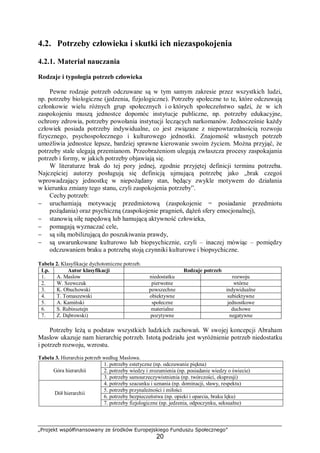 „Projekt współfinansowany ze środków Europejskiego Funduszu Społecznego”
20
4.2. Potrzeby człowieka i skutki ich niezaspokojenia
4.2.1. Materiał nauczania
Rodzaje i typologia potrzeb człowieka
Pewne rodzaje potrzeb odczuwane są w tym samym zakresie przez wszystkich ludzi,
np. potrzeby biologiczne (jedzenia, fizjologiczne). Potrzeby społeczne to te, które odczuwają
członkowie wielu różnych grup społecznych i o których społeczeństwo sądzi, że w ich
zaspokojeniu muszą jednostce dopomóc instytucje publiczne, np. potrzeby edukacyjne,
ochrony zdrowia, potrzeby powołania instytucji leczących narkomanów. Jednocześnie każdy
człowiek posiada potrzeby indywidualne, co jest związane z niepowtarzalnością rozwoju
fizycznego, psychospołecznego i kulturowego jednostki. Znajomość własnych potrzeb
umożliwia jednostce lepsze, bardziej sprawne kierowanie swoim życiem. Można przyjąć, że
potrzeby stale ulegają przemianom. Przeobrażeniom ulegają zwłaszcza procesy zaspokajania
potrzeb i formy, w jakich potrzeby objawiają się.
W literaturze brak do tej pory jednej, zgodnie przyjętej definicji terminu potrzeba.
Najczęściej autorzy posługują się definicją ujmującą potrzebę jako „brak czegoś
wprowadzający jednostkę w niepożądany stan, będący zwykle motywem do działania
w kierunku zmiany tego stanu, czyli zaspokojenia potrzeby”.
Cechy potrzeb:
− uruchamiają motywację przedmiotową (zaspokojenie = posiadanie przedmiotu
pożądania) oraz psychiczną (zaspokojenie pragnień, dążeń sfery emocjonalnej),
− stanowią siłę napędową lub hamującą aktywność człowieka,
− pomagają wyznaczać cele,
− są siłą mobilizującą do poszukiwania prawdy,
− są uwarunkowane kulturowo lub biopsychicznie, czyli – inaczej mówiąc – pomiędzy
odczuwaniem braku a potrzebą stoją czynniki kulturowe i biopsychiczne.
Tabela 2. Klasyfikacje dychotomiczne potrzeb.
Lp. Autor klasyfikacji Rodzaje potrzeb
1. A. Maslow niedostatku rozwoju
2. W. Szewczuk pierwotne wtórne
3. K. Obuchowski powszechne indywidualne
4. T. Tomaszewski obiektywne subiektywne
5. A. Kamiński społeczne jednostkowe
6. S. Rubinsztejn materialne duchowe
7. Z. Dąbrowski) pozytywne negatywne
Potrzeby leżą u podstaw wszystkich ludzkich zachowań. W swojej koncepcji Abraham
Maslow ukazuje nam hierarchię potrzeb. Istotą podziału jest wyróżnienie potrzeb niedostatku
i potrzeb rozwoju, wzrostu.
Tabela 3. Hierarchia potrzeb według Maslowa.
1. potrzeby estetyczne (np. odczuwanie piękna)
2. potrzeby wiedzy i zrozumienia (np. posiadanie wiedzy o świecie)Góra hierarchii
3. potrzeby samourzeczywistnienia (np. twórczości, ekspresji)
4. potrzeby szacunku i uznania (np. dominacji, sławy, respektu)
5. potrzeby przynależności i miłości
6. potrzeby bezpieczeństwa (np. opieki i oparcia, braku lęku)
Dół hierarchii
7. potrzeby fizjologiczne (np. jedzenia, odpoczynku, seksualne)
 
