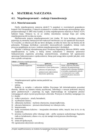 „Projekt współfinansowany ze środków Europejskiego Funduszu Społecznego”
7
4. MATERIAŁ NAUCZANIA
4.1. Niepełnosprawność – rodzaje i konsekwencje
4.1.1. Materiał nauczania
Osoby niepełnosprawne stanowią około15 % populacji w rozwiniętych gospodarczo
krajach Unii Europejskiej. Z danych uzyskanych w wyniku narodowego powszechnego spisu
przeprowadzonego w 2002 roku wynika, iż osoby niepełnosprawne stanowią w Polsce 14,3%
ludności kraju. Oznacza to, że co siódmy mieszkaniec naszego kraju jest osobą
niepełnosprawną lub za taką się uważa.
Zdefiniowanie pojęcia niepełnosprawności jest trudne. W życiu każdego człowieka
pojawiają się momenty mniejszych lub większych możliwości czy też ograniczeń fizycznych.
To wszystko, co obecnie jest dla nas łatwo dostępne, za kilka lat może stać się barierą nie do
pokonania. Pomijając dysfunkcje z powodów nieszczęśliwych wypadków, istnieje wiele
przyczyn pogłębiania się wraz z wiekiem niepełnosprawności i dysfunkcji.
Zgodnie z definicją sformułowaną przez Światową Organizację Zdrowia (WHO): osoba
niepełnosprawna to osoba, u której istotne uszkodzenia i obniżenie sprawności
funkcjonowania organizmu powodują uniemożliwienie, utrudnienie lub ograniczenie
sprawnego funkcjonowania w społeczeństwie, biorąc pod uwagę takie czynniki jak płeć, wiek
oraz czynniki zewnętrzne.
Tabela 1. Poziomy niepełnosprawności
biologiczny społeczny psychologiczny
Dysfunkcjonalność organizmu Niezdolność do pełnego
uczestnictwa w życiu społecznym:
− pełnienia ról społecznych,
− podejmowania odpowiedniej
aktywności społecznej.
Utrata, częściowa lub pełna,
zdolności do podmiotowego
organizowania własnego działania,
co utrudnia zaspokojenie potrzeb
i wywiązywanie się z zadań
narzucanych przez otoczenie
społeczne
Niepełnosprawność ogólnie można podzielić na:
− wrodzoną,
− nabytą.
Reakcje, w związku z nabyciem defektu fizycznego lub doświadczaniem poważnej
choroby, określa się mianem traumy psychicznej. Informacje o nowym położeniu dotyczą
spraw podstawowych i pojawiają się nagle, doprowadzając do wystąpienia przeżyć
wstrząsających całym życiem psychicznym człowieka. Przeżycia te dzielimy następująco (za
S. J. Kohl):
1) walka o przeżycie – strach, bezradność,
2) wyobrażenie śmierci,
3) zaburzenia myślenia – myślenie chaotyczne, nieuporządkowane,
4) odczucia fantomowe – poczucie dezorientacji we własnym ciele,
5) lamentowanie,
6) próby zrozumienia kalectwa – irracjonalne obwinianie siebie, innych, losu za to, co się
wydarzyło,
7) przymus wyobrażania sobie własnego ciała – próby usunięcia uszkodzonego fragmentu
ciała ze świadomości, obawa o to, czy nie nastąpi rozwój procesu chorobowego,
8) samotność,
9) utrata ról społecznych,
10) ograniczenie aktywności zawodowej.
 