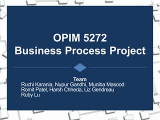 OPIM 5272
Business Process Project
Team
Ruchi Karania, Nupur Gandhi, Muniba Masood
Romit Patel, Harsh Chheda, Liz Gendreau
Ruby Lu
 