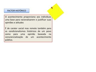 O acontecimento proporciona aos indivíduos
uma base para racionalizarem e justificar suas
opiniões e atitudes
É de carater social mas remete também para
os condicionalismos históricos de um povo
como para uma opinião baseada na
consciencialização de um acontecimento
público.
FACTOR HISTÓRICO
 