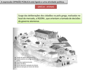 A expressão OPINIÃO PÚBLICA está ligada a uma atividade política.
Surge das deliberações dos cidadãos na polis grega, realizadas no
local do mercado, a ÀGORA , que orientam a tomada de decisões
do governo ateniense.
GRÉCIA - ATENAS
 