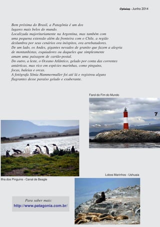 Opinias - Junho 2014
7777777777
Lobos Marinhos - Ushuaia
Farol do Fim do Mundo
Ilha dos Pinguins - Canal de Beagle
Bem próxima do Brasil, a Patagônia é um dos
lugares mais belos do mundo.
Localizada majoritariamente na Argentina, mas também com
uma pequena extensão além da fronteira com o Chile, a região
deslumbra por seus cenários ora inóspitos, ora arrebatadores.
De um lado, os Andes, gigantes nevados de granito que fazem a alegria
de montanhistas, esquiadores ou daqueles que simplesmente
amam uma paisagem de cartão-postal.
Do outro, a leste, o Oceano Atlântico, gelado por conta das correntes
antárticas, mas rico em espécies marinhas, como pinguins,
focas, baleias e orcas.
A fotógrafa Sônia Hammermuller foi até lá e registrou alguns
flagrantes desse paraíso gelado e exuberante.
http://www.patagonia.com.br/
Para saber mais:
Opinias - Junho 2014
 
