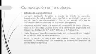 Comparación entre autores.
 Definición de la Opinión Pública
 Luhmann: Limitación temática a donde se orienta la atención.
Tematización. (Se define la O.P por su función). La tematización genera un
espacio común de intersubjetividad. Esto es una simplificación por la
complejidad de las sociedades de hoy en día (autopoiesis)
 Habermas: Aquellas tareas que ejercen los ciudadanos de crítica y control,
tanto a la notoriedad publica como a la dominación organizada del
Estado. Hay dos tipos de O.P. la O.P Crítica y la O.P receptiva.
 Noelle Neumann: Aquellas expresiones de tipo controversial que pueden
ser vertidas sin sentir temor al aislamiento.
 Sartori: Un publico o multiplicidad de públicos cuyos difusos estados
mentales se interrelacionan con corrientes de información referentes al
estado de la cosa publica
 