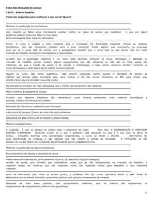 Fatec São Bernardo do Campo
12012 - Ensino Superior
Você tem sugestões para melhorar o seu curso? Quais?

Melhorar a qualificação dos professores.
com respeito as faltas seria interessante analisar
problema acabam tendo que faltar (o meu caso).
Seria interessante focar mais em informática.

melhor

os

casos

de

alunos

que

trabalham

e

que

por

algum

Tenho. O curso é voltado a área industrial pois é Tecnologia em Automação Industrial. Porque as matérias
(disciplinas), não são totalmente voltadas para a área industrial? Existe alguém que acompanha as empresas
para ver se o curso está de acordo com a propaganda? Acredito que o curso foge ao que temos hoje em nosso
mercado de trabalho, levando em consideração a nossa região.
Acredito que a automação industrial é um ramo onde devemos conhecer as novas tecnologias e aplicação no
mercado de trabalho, porem existem alguns equipamentos que são obsuletos ou não são os mais usuais nas
industrias, sei que a função da escola é de ensinar a metodologia, a base porem devemos tambem conhecer as
novas tecnologias e saber aplica-las da melhor maneira possivel.
Quanto ao curso, não tenho sugestões... está sempre evoluindo,
internet aos alunos, julgo necessário pois, para muitos, é um dos
emails e fazer alguma atividade requerida no dia.

porém quanto à liberdade de acesso da
únicos momentos ue têm para checar seus

Os laboratórios precisam ser mais adequados para o melhor aproveitamento das matérias.
Maior incentivo a programa de estágio.
Acredito
que
algumas
disciplinas
são
práticas, voltadas ao mercado de trabalho.

relevantes.O

curso

deveria

acrescentar

mais

matérias

tecnológicas

e

Alteração das disciplinas irrelevantes para formação
A estrutura do campus. Quanto ao curso não vejo problemas.
MELHORIA DE BIBLIOTECA ATÉ O MOMENTO INEXISTENTE
Melhores equipamentos;
A sugestão
é que se aplique na prática todo o programa do curso.
Para isso, A COORDENAÇÃO E DIRETORIA
DEVERIA FUNCIONAR!
Deveriam avaliar se o que o professor está aplicando na sala é o que está no plano de
ensino.
Enquanto tivermos uma coordenação corporativista, o curso só tende a afundar.
Deveríamos ter
uma coordenação de verdade, e não pessoas que não vestem a camisa da faculdade.
A FATEC/SBC só não
afundou de vez por motivo de "a maioria" dos professores serem verdadeiros heróis.
Melhorar a qualificação de alguns professores.
Estacionamento não atende a demanda de carros.
investimento em laboratorios, principalmente robotica, clp, eletronica digital e analogica.
revisão da grade, pois acredito que aprendemos coisas que ja são ultrapassadas no mercado de trabalho, e
investem tempo em materias que não importam muito não sobrando tempo para trabalhar o que realmente
interessa.
aulas de laboratorio com todos os alunos juntos, o professor não dar conta, precisaria
eletronica e outras usando simulador, precisamos práticar com placas e componentes de verdade.
Necessita
de
mais
aulas
práticas,
com
equipamentos
equipamentos não responderam conforme as expectativas.

melhores,

pois

na

maioria

dividir

das

a

sala.

Aulas

experiencias

de

os

17

 