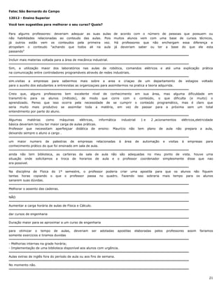 Fatec São Bernardo do Campo
12012 - Ensino Superior
Você tem sugestões para melhorar o seu curso? Quais?
Para algums professores: deveriam adequar as suas aulas de acordo com o número de pessoas que possuem ou
não habilidades relacionadas ao conteudo das aulas. Pois muitos alunos vem com uma base de cursos técnicos,
já outros estão vem os conteudos pela primeira vez. Há professores que não enchergam essa diferença e
atropelam o conteudo "achando que todos ali na aula já deveriam saber ou ter a base do que ele esta
passando"
Incluir mais materias voltada para a área de mecânica industrial.
Sim, a utilização maior dos laboratórios nas aulas de robótica, comandos
na comunicação entre controladores programáveis através de redes industriais.

elétricos

e

até

uma

sim.visitas a empresas para sabermos mais sobre a area e criaçao de um departamento
para o auxilio dos estudantes a entrevistas as organizaçoes para assimilarmos na pratica a teoria adquirida.

explicação

prática

estagios

voltado

de

Creio que, alguns professores tem excelente nível de conhecimento em sua área, mas alguma dificuldade em
transmití-lo para os alunos (método), de modo que corre com o conteúdo, o que dificulta (e muito) o
aprendizado. Penso que isso ocorra pela necessidade de se cumprir o conteúdo programático, mas é claro que
seria muito mais produtivo se assimilar toda a matéria, em vez de passar para a próxima sem um total
entendimento por parte do aluno.
Algumas
matérias
como
máquinas
elétricas,
informática
industrial
1e
2 ,acionamentos
elétricos,eletricidade
básica deveriam ter/ou ter maior carga de aulas práticas.
Professor que necessitam aperfeiçoar didática de ensino: Maurício não tem plano de aula não prepara a aula,
deixando sempre o aluno a cargo .
um maior numero de palestras de empresas relacionadas
conhecimento prático do que foi ensinado em sala de aula.
ainda não tem biblioteca, as carteiras
situação onde solicitamos a troca de
era possivel.

da sala
horarios

á

área

de

automação

e

visitas

á

empresas

para

de aula não são adequadas no meu ponto de vista. houve uma
de aula e o professor coordenador simplesmente disse que nao

Na disciplina de Física do 1º semestre, o professor poderia criar uma apostila para que os alunos não fiquem
tantas horas copiando o que o professor passa no quadro. Fazendo isso sobraria mais tempo para os alunos
sanarem suas dúvidas.
Melhorar o assento das cadeiras.
NÃO
Aumentar a carga horária de aulas de Física e Cálculo.
dar cursos de engenharia
Duração maior para se aproximar a um curso de engenharia
para otimizar o tempo de aulas,
somente exercicios e tiramos duvidas

deveriam

ser

adotadas

apostilas

elaboradas

pelos

professores

assim

fariamos

- Melhorias internas na grade horária;
- Implementação de uma biblioteca disponível aos alunos com urgência.
Aulas extras de inglês fora do período de aula ou aos fins de semana.
No momento não.

21

 