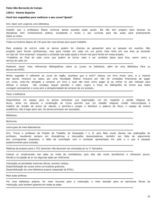 Fatec São Bernardo do Campo
12012 - Ensino Superior
Você tem sugestões para melhorar o seu curso? Quais?
Sim, fazer com urgencia uma biblioteca.
Impedir que a
disciplinas nem
todos os ciclos.

professora Eliane continue dando quantas aulas quiser. Ela
conhecimento prático, excedendo e muito o seu currículo

não tem preparo para lecionar as
para dar aulas para praticamente

Todos os horários depois da 13h para dar mais tempo para quem trabalha.
Mais projetos de pré-tcc onde os alunos podem ter chances de apresentar para as pessoas em eventos. Não
projetos para formar profissionais, mas para revelar em cada um um ponto mais forte em sua área já iniciando
um tipo de "mini-empresa", enquanto o conteúdo nas aulas ajuda a mover-nos para frente em nosso projeto.
-Trabalhos ao final de cada curso que podem se tornar reais e ser vendidos daqui para fora, assim como o
serviço de cada um.
Poderiam haver
Alunos da FATEC.

mais

referencias

Bibliográficas

sobre

os

cursos

na

biblioteca,

além

de

uma

Biblioteca

Para

os

Minha sugestão é referente ao curso de inglês, acontece que a prof.ª indicou um livro muito caro, e a maioria
dos alunos inclusive eu optou por uma Faculdade Pública inclusive por não ter condições financeiras de pagar
um curso, sinto-me obrigada a comprar um livro o qual não terei como pagar já ao entrar no site indicado para
efetuar a compra
não consegui sequer parcelar o valor, sugiro a troca da bibliografia de forma que todos
consigam acompanhar o curso sem a obrigatoriedade de comprar de um produto.
Fazer a biblioteca.
Disponibilizar um espaço para os alunos centralizar sua organização, um CA, respeitar a opnião religiosa do
aluno, achei um absurdo a cordenação do Curso permitir que um cidadão religioso cristão interrompesse a
matéria de revisão de prova de cálculo, e permitiu-o pregar e distribuir a palavra de Deus, o espaço de ensino
acadêmico, não é lugar para isso. Os alunos precisam ser escutados.
Biblioteca.
Nenhuma.
contruçoes de mais labaratorios
Sim. Trocar o professor de Projeto de Trabalho de Graduação I e II, pois falta muita clareza nas explicações do
professor, resultando sempre em divergências e discussões desnecessárias, também por falta de seguimento
dos cronogramas propostos, e falta de conciliação com o conteúdo apresentado em aula e o que é passado
posteriormente para consulta.
Matérias de preparo para o TCC deveriam não deveriam ser ensinadas já no 1° Semestre.
Colocar ar condicionado nas salas ao invés de ventiladores,
Devido a circulação de ar em algumas salas ser ineficiente.

pois

eles

são

muito

barulhentos

e

refrescam

pouco.

Indicações as atividades externas (feiras, eventos visitas).
Disponibilização de cursos extra-curriculares gratuitos.
Disponibilização de uma biblioteca propria (separada da ETEC).
Mais aulas práticas
Ter uma biblioteca própria, ter mais recursos
instituição, pois existem goteiras em todas as salas

para

a

instituição,

e

mais

atenção

para

as

estruturas

físicas

da

22

 