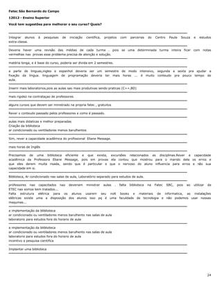 Fatec São Bernardo do Campo
12012 - Ensino Superior
Você tem sugestões para melhorar o seu curso? Quais?

Integrar alunos
extra-classe.

à

pesquisas

de

iniciação

científica,

projetos

com

parcerias

do

Centro

Paula

Souza

e

estudos

Deveria haver uma revisão das médias de cada turma . pois se uma determinada turma inteira ficar com notas
vermelhas nas provas esse problema precisa de atenção e solução.
matéria longa, e é base do curso, poderia ser divida em 2 semestres.
a parte de linguas,ingles e espanhol deveria ser um semestre de modo intensivo, segunda a sexta pra ajudar a
fixação da lingua. linguagem de propramação deveria ter mais horas ... é muito conteudo pra pouco tempo de
aula.
Inserir mais laboratorios,pois as aulas sao mais produtivas sendo praticas (C++,BD)
mais rigidez na contrataçao de professores
alguns cursos que devem ser ministrado na propria fatec , gratuitos
Rever o conteudo passado pelos professores e como é passado.
aulas mais didaticas e melhor preparadas
Criação da biblioteca
ar condicionado ou ventiladores menos barulhentos
Sim, rever a capacidade acadêmica do profissional Eliane Message.
mais horas de Inglês
Precisamos de uma biblioteca eficiente e que exista, excursões relacionados as disciplinas.Rever a capacidade
acadêmica da Professora Eliane Message, pois em provas ela contou que mostrou para o marido dela os erros e
que eles derem muita risada, sendo que é particular e que o nervoso do aluno influencia para erros e não sua
capacidade em si.
Biblioteca, Ar condicionado nas salas de aula, Laboratório separado para estudos de aula.
professores nao capacitados nao deveriam ministrar aulas . falta biblioteca na Fatec SBC, pois ao utilizar da
ETEC nao somos bem tratados...
Falta estrutura elétrica para os alunos usarem seu nolt books e materiais de informatica, as instalações
elétricas existe uma a disposição dos alunos isso pq é uma faculdade de tecnologia e não podemos usar nossas
maquinas...
a implementação da bliblioteca
ar condicionado ou ventiladores menos barulhento nas salas de aula
laboratorio para estudos fora do horario de aula
a implementação da bliblioteca
ar condicionado ou ventiladores menos barulhento nas salas de aula
laboratorio para estudos fora do horario de aula
incentivo a pesquisa cientifica
Implantar uma biblioteca

24

 