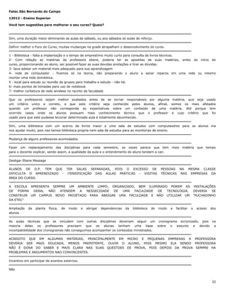 Fatec São Bernardo do Campo
12012 - Ensino Superior
Você tem sugestões para melhorar o seu curso? Quais?

Sim, uma duração maior eliminando as aulas de sábado, ou aos sábados só aulas de reforço.
Definir melhor o Foco do Curso, muitas mudanças na grade atrapalham o desenvolvimento do curso.
1 - Biblioteca - falta a implantação e o tempo de emprestimo muito curto para consulta de livros técnicos.
2- Com relação as matérias da professora eliane, poderia ter as apostilas de suas matérias, antes do início do
curso, proporcionando ao aluno, ser possível fazer as suas devidas anotações e tirar as dúvidas.
3- Java adotar um material mais adequado para sua aprendizagem
4- rede de computador - ficamos só na teoria, não preparando o aluno a sanar reparos em uma rede ou mesmo
montar uma rede doméstica.
5 - local para estudo ou reunião de grupos para trabalho e estudo - não há.
6- mais pontos de tomadas para uso de notebook
7- melhor corbetura de rede wireless no recinto da faculdade
Que os professores sejam melhor avaliados antes de se tornar responsáveis por alguma matéria, que seja usado
um crítério uníco e correto, e que este critério seja conhecido pelos alunos, afinal, somos os mais afetados
quando um professor não corresponde as expectativas sobre um conteúdo de uma matéria. Até porque tem
ocorrido casos onde os alunos possuem mais conhecimento técnico que o professor e cujo critério que foi
usado para que este pudesse lecionar determinada aula é totalmente deconhecido.
Sim, uma biblioteca com um acervo de livros maior e uma sala de estudos com computaodres para os alunos iria
nos ajudar muito, pois nao temos biblioteca propria nem sala de estudos para as monitorias de ensino.
Mudança de alguns professores acomodados.
Fazer um replanejamento das disciplinas para cada semestre, as vezes parece que tem
para o docente explicar, sendo assim, a qualidade da aula e o entendimento do aluno tendem a cair.

mais

matéria

que

tempo

Desligar Eliane Message
ALUNOS DE D.P. TEM QUE TER SALAS SEPARADAS, POIS O EXCESSO DE
DIFICULTA O APRENDIZADO - iTENSIFICAÇÃO DAS AULAS PRÁTICAS - VISITAS
ÁREA DO CURSO.

PESSOAS NA MESMA CLASSE
TÉCNICAS NAS EMPRESAS DA

A ESCOLA APRESENTA SEMPRE UM AMBIENTE LIMPO, ORGANIZADO, BEM ILUMINADO POREM AS INSTALAÇÕES
DE
FORMA
GERAL
NÃO
ATENDEM
A
NESSECIDADE
DE
UMA
FACULDADE
DE
TECNOLOGIA,
DEVERIA
SE
CONSTRUIR UM CAMPUS NOVO PROJETADO PARA ABRIGAR UMA FACULDADE E NÃO UTILIZAR UM "PUCHADINHO
DA ETEC"
Ampliação
alunos

da

planta

física,

de

modo

a

abrigar

dependencias

da

biblioteca

de

modo

a

facilitar

o

acesso

dos

As aulas técnicas que se vinculam com outras disciplinas deveriam seguir um cronograma sicronizado, pois na
maioria delas os professores precisam que os alunas tenham uma base sobre o assunto e devido a
incompatibilidade dos cronogramas não conseguimos acompanhar os conteúdos ministrados.
ACREDITO QUE EM ALGUMAS MATERIAS, PRINCIPALMENTE EM MICRO E PEQUENAS EMPRESAS A PROFESSORA
DEVERIA SER MAIS EDUCADA, MENOS PREPOTENTE, OUVIR O ALUNO, POIS MESMO ELA SENDO PROFESSORA
NÃO É DONA DO SABER E MAIS CLARA NAS SUAS QUESTOES DE PROVA, POIS DEPOIS DA PROVA SEMPRE HA
PROBLEMAS E ARGUMENTOS NAO CONVINCENTES.
Incentivo em participar de eventos externos.
Não

32

 