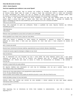 Fatec São Bernardo do Campo
12012 - Ensino Superior
Você tem sugestões para melhorar o seu curso? Quais?
Mudem o conceito das aulas. logo no primeiro ano auxiliem na formação de pequenas empresas de tecnologia
de diversos ramos, façam cada um ocupar um gargo e façam elas concorrerem entre si, sendo uma fornecedora
da outra. Aproveitando isso, façam com que as matérias de cada disciplina tenha uma aplicação prática sobre
as empresas, e a mudança de uma pessoa para outra empresa seria por meio de demissão e contratação.
Isso é pática, e isso prepara a pessoa de forma verdadeira e sincera, não esse método arcaico de aula com
quadro negro e provas (nas quais a maioria cola). Esse curso não prepara para o mercado de trabalho, ele
segue a metodologia de aulas de cursos acadêmicos, que em nada tem a ver com o mercado de trabalho.
Wake up, do something
Exigir mais preparação
ensinadas que outras.

de

parte

dos

professores.

Nivelar

a

qualidade

das

aulas.

Algumas

materias

sao

melhores

-Mais laboratorio;
-Mais pratica;
Oferecer maior quantidade de cursos extra-curriculares com certificação
Minha sugestão é que a Fatec Junior, possa ser mais efetiva
sugiro que incluam
pesquisas de outras
fatecsbc.

a biblioteca no nosso sistema de atendimento e pesquisa e incluam na biblioteca
fatecs e teses para que possamos ter maior base para o nosso programa de estudos

as
da

abrir o horário da manhã
Deveria haver monitorias de diversas matérias, especialmente as que envolvem cálculos matemáticos.
A escola tem poucas vagas de empregos e estágios no seu mural.
falta de biblioteca
Sim. É inadmissível que uma faculdade que leve o nome FATEC não tenha biblioteca própria para o seus alunos
utilizarem, já passou da hora de se construir uma biblioteca para nós. E também necessário disponibilizar
computadores com internet para todos os alunos no horário de funcionamento da faculdade e não somente 1
hora por dia.
almentar a carga horário de aulas práticas
Em algumas matérias seria interessante
não consegue atingir notas satisfatórias.

um

outro

tipo

de

metodologia,

uma

vez

que

a

grande

maioria

da

sala

passar

palestras

Temos que ter mais aulas praticas e com equipamentos usados atualmente.
Um ex: Os clps utilizados são antigos.
poderia também serem pedidos mais projetos de eletrônica durante o curso e não só ao final do curso.
horário de ábado começar 01 hora mais tarde.
Informar sobre mais eventos
informativas sobre a profissão.

que

ocorram

da

area

estudada

e

chamar

pessoas

da

area

para

O curso é ótimo.

Falta segurança,
segurança.!!!!!!!

tive

os

retrovisores

de

minha

moto

roubados

no

estacionamento,

pois

não

a

câmeras

de

37

 