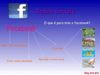 Redes Sociais Facebook O que é para mim o facebook? Falar com os amigos Fazer novas amizades Diversão Aprender coisas novas Mas também tem coisas más como os conflitos com os amigos… Rita 6ºA Nº2 