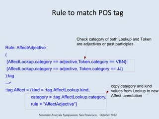 Rule to match POS tag


                                            Check category of both Lookup and Token
                                            are adjectives or past participles
Rule: AffectAdjective
(
{AffectLookup.category == adjective,Token.category == VBN}|
{AffectLookup.category == adjective, Token.category == JJ}
):tag
-->
                                                                    copy category and kind
:tag.Affect = {kind = :tag.AffectLookup.kind,                       values from Lookup to new
             category = :tag.AffectLookup.category,                 Affect annotation

             rule = "AffectAdjective"}

                 Sentment Analysis Symposium, San Francisco, October 2012
 