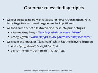 Grammar rules: finding triples

• We first create temporary annotations for Person, Organization, Vote,
  Party, Negatives etc. based on gazetteer lookup, NEs etc.
• We then have a set of rules to combine these into pairs or triples:
    ●
        <Person, Vote, Party> “Tory Phip admits he voted LibDem”.
    ●
        <Party, Affect> “When they get a Tory government they'll be sorry.”
• We create an annotation “Sentiment” which has the following features:
    ●
        kind = “pro_Labour”, “anti_LibDem”, etc.
    ●
        opinion_holder = “John Smith”, “author” etc.




                  Sentment Analysis Symposium, San Francisco, October 2012
 