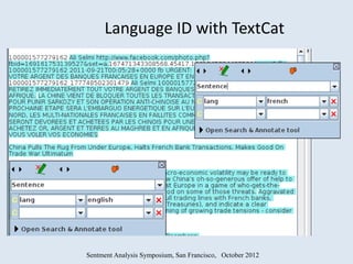 Language ID with TextCat




Sentment Analysis Symposium, San Francisco, October 2012
 