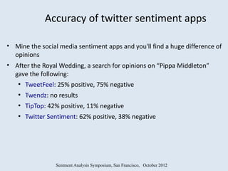 Accuracy of twitter sentiment apps

• Mine the social media sentiment apps and you'll find a huge difference of
  opinions
• After the Royal Wedding, a search for opinions on “Pippa Middleton”
  gave the following:
   ●
       TweetFeel: 25% positive, 75% negative
   ●
       Twendz: no results
   ●
       TipTop: 42% positive, 11% negative
   ●
       Twitter Sentiment: 62% positive, 38% negative




                 Sentment Analysis Symposium, San Francisco, October 2012
 