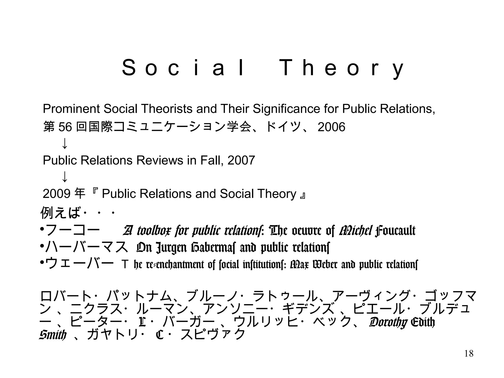 18
Prominent Social Theorists and Their Significance for Public Relations,
第 56 回国際コミュニケーション学会、ドイツ、 2006
↓
Public Relations Reviews in Fall, 2007
↓
2009 年『 Public Relations and Social Theory 』
例えば・・・
•フーコー　 A toolbox for public relations: The oeuvre of Michel Foucault
•ハーバーマス On Jurgen Habermas and public relations
•ウェーバー Ｔ he re-enchantment of social institutions: Max Weber and public relations
ロバート・パットナム、ブルーノ・ラトゥール、アーヴィング・ゴッフマ
ン 、ニクラス・ルーマン、アンソニー・ギデンズ 、ピエール・ブルデュ
ー 、ピーター・ L ・バーガー 、ウルリッヒ・ベック、 Dorothy Edith
Smith 、ガヤトリ・ C ・スピヴァク
Ｓｏｃｉａｌ　Ｔｈｅｏｒｙ
 