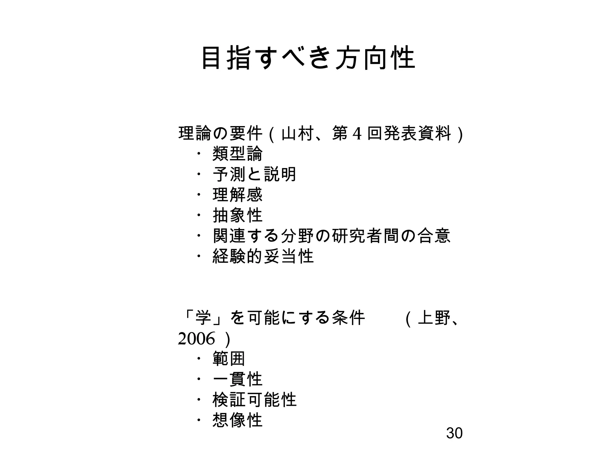 30
理論の要件（山村、第 4 回発表資料）
　・類型論
　・予測と説明　
　・理解感
　・抽象性
　・関連する分野の研究者間の合意
　・経験的妥当性
「学」を可能にする条件　　（上野、
2006 ）
　・範囲
　・一貫性
　・検証可能性
　・想像性
目指すべき方向性
 