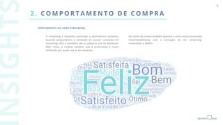 5
2 . C O M P O R T A M E N T O D E C O M P R A
O streaming é bastante associado a sentimentos positivos.
Quando perguntamos a sensação ao assistir conteúdo em
streaming, feliz e satisfeito são as palavras que se destacam.
Além disso, é notável também que a praticidade é muito
lembrada por quem usa as ferramentas.
No canto da nuvem também aparece a única marca associada
instantaneamente com a sensação de ver streaming:
novamente a Netflix.
SENTIMENTOS AO USAR STREAMING
 