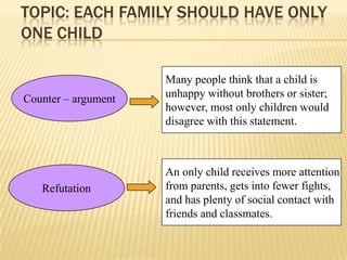 TOPIC: EACH FAMILY SHOULD HAVE ONLY
ONE CHILD

                     Many people think that a child is
Counter – argument   unhappy without brothers or sister;
                     however, most only children would
                     disagree with this statement.



                     An only child receives more attention
   Refutation        from parents, gets into fewer fights,
                     and has plenty of social contact with
                     friends and classmates.
 