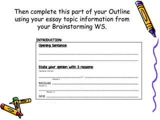 Then complete this part of your Outline
using your essay topic information from
your Brainstorming WS.
 