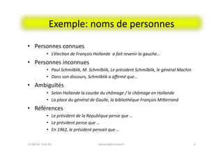 Exemple:	
  noms	
  de	
  personnes	
  	
  	
  
•  Personnes	
  connues	
  
•  L’élec#on	
  de	
  François	
  Hollande	
  	
  a	
  fait	
  revenir	
  la	
  gauche…	
  
•  Personnes	
  inconnues	
  
•  Paul	
  Schmilblik,	
  M.	
  Schmilblik,	
  Le	
  président	
  Schmilblik,	
  le	
  général	
  Machin	
  
•  Dans	
  son	
  discours,	
  Schmilblik	
  a	
  aﬃrmé	
  que…	
  
•  Ambiguïtés	
  
•  Selon	
  Hollande	
  la	
  courbe	
  du	
  chômage	
  /	
  le	
  chômage	
  en	
  Hollande	
  
•  La	
  place	
  du	
  général	
  de	
  Gaulle,	
  la	
  bibliothèque	
  François	
  MiRerrand	
  
•  Références	
  
•  Le	
  président	
  de	
  la	
  République	
  pense	
  que	
  …	
  
•  Le	
  président	
  pense	
  que	
  …	
  
•  En	
  1962,	
  le	
  président	
  pensait	
  que	
  …	
  	
  
bernard@normier.fr	
   6	
  17/04/14	
  	
  Club	
  IES	
  	
  
 