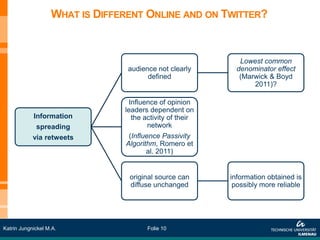 WHAT IS DIFFERENT ONLINE AND ON TWITTER?


                                                             Lowest common
                                 audience not clearly       denominator effect
                                       defined               (Marwick & Boyd
                                                                 2011)?

                                 Influence of opinion
                                leaders dependent on
            Information           the activity of their
             spreading                 network
            via retweets         (Influence Passivity
                                Algorithm, Romero et
                                       al. 2011)


                                 original source can      information obtained is
                                 diffuse unchanged         possibly more reliable




Katrin Jungnickel M.A.                 Folie 10
 