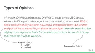 Regular Opinion
Comparative Opinion
● Direct
● Indirect
 