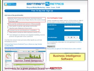 Opinion Trend (temporal) ?
Sentiments for a given product/brand/services
Business Intelligence
Software
Business Intelligence
Software
 