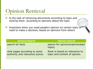 Opinion Retrieval
 Is the task of retrieving documents according to topic and
ranking them according to opinions about the topic
 Important when you need people’s opinion on certain topic or
need to make a decision, based on opinions from others
General Search Opinion Search
search for facts search for opinions/opinionated
topics
rank pages according to some
authority and relevance scores
Rank is based on relevance to
topic and content of opinion
 