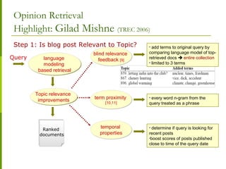 Opinion Retrieval
Highlight: Gilad Mishne (TREC 2006)
Step 1: Is blog post Relevant to Topic?
language
modeling
based retrieval
language
modeling
based retrieval
Ranked
documents
Ranked
documents
Query
blind relevance
feedback [9]
blind relevance
feedback [9]
term proximity
[10,11]
term proximity
[10,11]
• add terms to original query by
comparing language model of top-
retrieved docs  entire collection
• limited to 3 terms
• every word n-gram from the
query treated as a phrase
temporal
properties
temporal
properties
• determine if query is looking for
recent posts
•boost scores of posts published
close to time of the query date
Topic relevance
improvements
Topic relevance
improvements
 