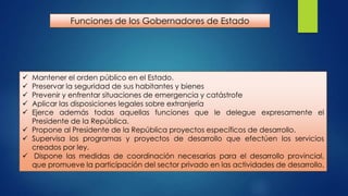 Funciones de los Gobernadores de Estado

Mantener el orden público en el Estado.
Preservar la seguridad de sus habitantes y bienes
Prevenir y enfrentar situaciones de emergencia y catástrofe
Aplicar las disposiciones legales sobre extranjería
Ejerce además todas aquellas funciones que le delegue expresamente el
Presidente de la República.
 Propone al Presidente de la República proyectos específicos de desarrollo.
 Supervisa los programas y proyectos de desarrollo que efectúen los servicios
creados por ley.
 Dispone las medidas de coordinación necesarias para el desarrollo provincial,
que promueve la participación del sector privado en las actividades de desarrollo.






 