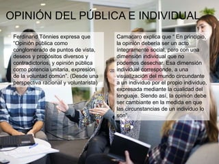 OPINIÓN DEL PÚBLICA E INDIVIDUAL
Ferdinand Tönnies expresa que
“Opinión pública como
conglomerado de puntos de vista,
deseos y propósitos diversos y
contradictorios, y opinión pública
como potencia unitaria, expresión
de la voluntad común”. (Desde una
perspectiva racional y voluntarista)
Camacaro explica que “ En principio,
la opinión debería ser un acto
íntegramente social, pero con una
dimensión individual que no
podemos desechar. Esa dimensión
individual corresponde, a una
visualización del mundo circundante
a un individuo por el propio individuo,
expresada mediante la cualidad del
lenguaje. Siendo así, la opinión debe
ser cambiante en la medida en que
las circunstancias de un individuo lo
son”.
 