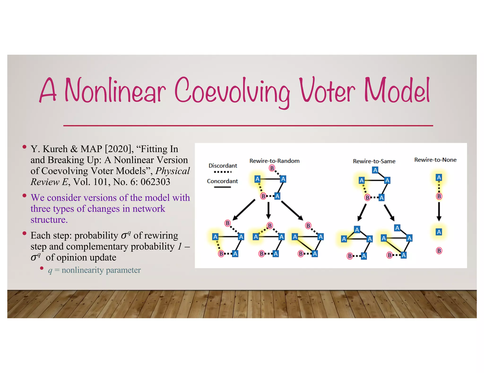 A Nonlinear Coevolving Voter Model
• Y. Kureh & MAP [2020], “Fitting In
and Breaking Up: A Nonlinear Version
of Coevolving Voter Models”, Physical
Review E, Vol. 101, No. 6: 062303
• We consider versions of the model with
three types of changes in network
structure.
• Each step: probability !q of rewiring
step and complementary probability 1 –
!q of opinion update
• q = nonlinearity parameter
 