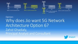 Opinion:
Why does Jio want 5G Network
Architecture Option 6?
Zahid Ghadialy,
Principal Analyst and Consultant
@3g4gUK
eNB EPC
Option 1: SA LTE connected to EPC Option 2: SA NR connected to 5GC
gNB 5GC
Option 3: NSA LTE assisted NR
connected to EPC
EPC
eNB
en-gNB
EPC
Option 6: SA NR connected to EPC
en-gNB
 