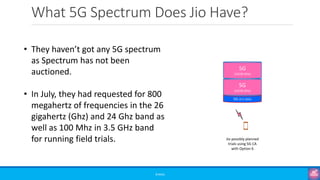 What 5G Spectrum Does Jio Have?
©3G4G
• They haven’t got any 5G spectrum
as Spectrum has not been
auctioned.
• In July, they had requested for 800
megahertz of frequencies in the 26
gigahertz (Ghz) and 24 Ghz band as
well as 100 Mhz in 3.5 GHz band
for running field trials.
5G (3.5 GHz)
5G
(24/26 GHz)
5G
(24/26 GHz)
Jio possibly planned
trials using 5G CA
with Option 6
 