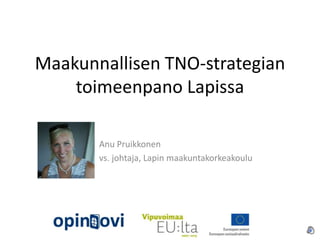 Maakunnallisen TNO-strategian
    toimeenpano Lapissa

       Anu Pruikkonen
       vs. johtaja, Lapin maakuntakorkeakoulu
 