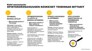 4.3.2.1.
Kohti menestystä:
OPINTOKOKONAISUUDEN KESKEISET TOIMINNAN MITTARIT
OPPIMISEN
MAHDOLLISTAJAT
• Mitä taustalla tapahtuu?
”Backstage”
Valmentajat: Pedagogisesti
pätevät valmentajat/ opettajat,
joiden yhteistyötaidot ja
kehittäjyys korostuvat. Iteroivat
luovat prosessit ja kokeileva
työote sallittu.
Sisäinen toiminta: Järkevästi
resursoitu kokonaisuus, toimivat
tilat ja ympäristö. Vahva
toimintasuunnitelma ja
valmentajien suunnittelema ja
ylläpitämä tulosseuranta.
Avoimuus, luottamus, vapaus ja
tarvittaessa ohjaus.
Vapaaehtoisuuteen perustuva
tiimi-/ rinnakkaisopettajuus
OPPIMISPROSESSIN
YLLÄPITO JA
MAHDOLLISTAMINEN
• Mitä arjessa tapahtuu?
Miten opitaan ja
millaisin menetelmin?
Oppimisprosessi on
pedagogisesti hyvin suunniteltu
kokonaisuus, joka perustuu
opiskelijoiden todellisiin tarpeisiin
(kts. palvelupolku)
Opiskelijalähtöisyys. Valmentajan
täytyy tuntea ohjattava
(Oppiminen esim. tekemällä ->
alustava tavoite, suunnittelu ja
tekeminen. Kokonaisuuksien
oppiminen, oppimisprojektit,
ongelmalähtöinen oppiminen,
oivaltava oppiminen ja
yhteistoiminnallinen oppiminen)
OPISKELIJAKOKEMUS
JA OPPIMINEN
• Miltä koulutus
kokonaisuutena
vaikuttaa opiskelijan
näkökulmasta?
Toiminta: Ohjauksen sujuvuus,
monipuolisuus, tilat, välineet ja
oppimisen työkalut?
Tunteet: Ohjauksen helppous,
innostavuus, tunnelma ja tyyli?
Merkitykset: Oppimiseen ja
aiheeseen liittyvät mielikuva- ja
merkitysulottuvuudet, suhde
oppijan elämäntapaan. Mitä
hyötyä koulutuksesta on
oppijalle, tiimille, yhteiskunnalle?
KOULUTUKSEN
VAIKUTTAVUUS JA
PERIMMÄINEN
TARKOITUS
• Miten kannustamme
opiskelijoita ja
toisiamme löytämään
täyden potentiaalimme?
Valmiudet jatkotutkintoon tai
työllistyminen
Aktiivinen hyvinvoiva
kansalainen, kasvaminen
ammattilaiseksi
©2017 Selina Nastase
 