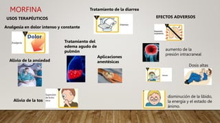 MORFINA
USOS TERAPÉUTICOS
Analgesia en dolor intenso y constante
Alivio de la ansiedad
Tratamiento de la diarrea
Alivio de la tos
Tratamiento del
edema agudo de
pulmón
Aplicaciones
anestésicas
EFECTOS ADVERSOS
aumento de la
presión intracraneal
Dosis altas
disminución de la libido,
la energía y el estado de
ánimo.
 