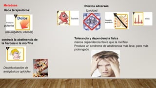 Metadona
Tolerancia y dependencia física
menos dependencia física que la morfina
Produce un síndrome de abstinencia más leve, pero más
prolongado
potente
Usos terapéuticos:
(neuropático, cáncer)
controla la abstinencia de
la heroína o la morfina
Desintoxicación de
analgésicos opioides
Efectos adversos
toxicidad
 