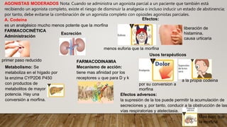 AGONISTAS MODERADOS Nota: Cuando se administra un agonista parcial a un paciente que también está
recibiendo un agonista completo, existe el riesgo de disminuir la analgesia o incluso inducir un estado de abstinencia;
por tanto, debe evitarse la combinación de un agonista completo con opioides agonistas parciales.
A. Codeína
es un analgésico mucho menos potente que la morfina
FARMACOCINÉTICA
Administración
primer paso reducido
Metabolismo: Se
metaboliza en el hígado por
la enzima CYP2D6 P450
con productos de
metabolitos de mayor
potencia. Hay una
conversión a morfina.
Excreción
FARMACODINAMIA
Mecanismo de acción:
tiene mas afinidad por los
receptores u que para D y k
Efectos:
Usos terapéuticos
menos euforia que la morfina
liberación de
histamina,
causa urticaria
Efectos adversos:
la supresión de la tos puede permitir la acumulación de
secreciones y, por tanto, conducir a la obstrucción de las
vías respiratorias y atelectasia.
por su conversion a
morfina
a la propia codeina
Mas bajo que
la morfina
 
