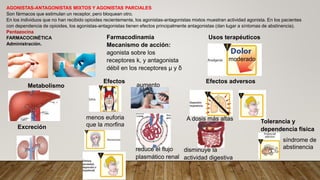 AGONISTAS-ANTAGONISTAS MIXTOS Y AGONISTAS PARCIALES
Son fármacos que estimulan un receptor, pero bloquean otro.
En los individuos que no han recibido opioides recientemente, los agonistas-antagonistas mixtos muestran actividad agonista. En los pacientes
con dependencia de opioides, los agonistas-antagonistas tienen efectos principalmente antagonistas (dan lugar a síntomas de abstinencia).
Pentazocina
FARMACOCINÉTICA
Administración.
Metabolismo
Excreción
Farmacodinamia
Mecanismo de acción:
agonista sobre los
receptores k, y antagonista
débil en los receptores μ y δ
Efectos
Usos terapéuticos
menos euforia
que la morfina
aumento
reduce el flujo
plasmático renal
Efectos adversos
moderado
Tolerancia y
dependencia física
A dosis más altas
disminuye la
actividad digestiva
síndrome de
abstinencia
 